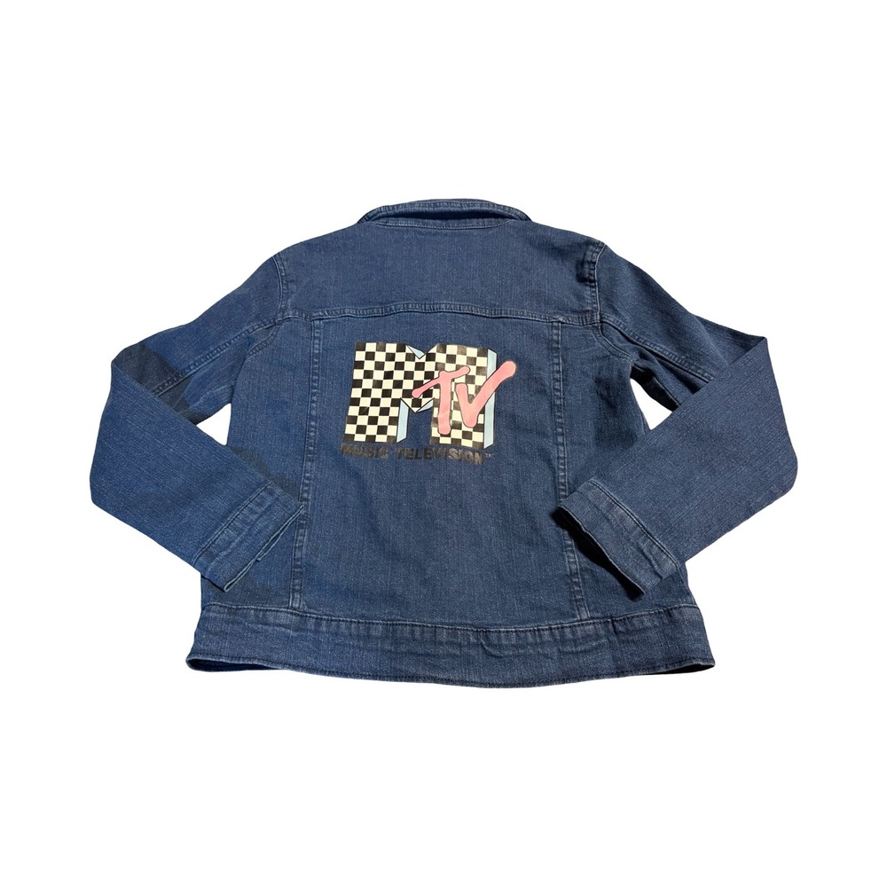 MTV Kids Dark Wash Denim Jacket Blue Checkerboard Logo Graphic Size L 10-12